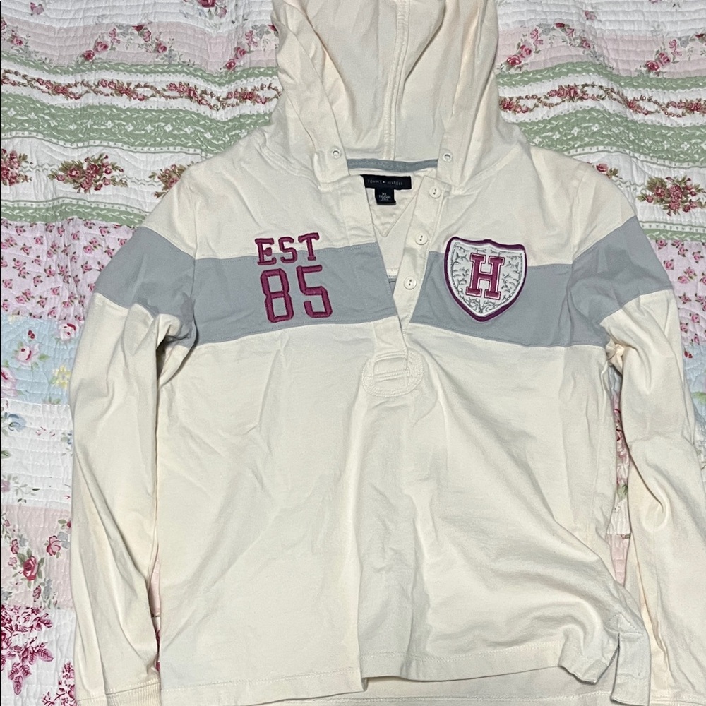 Cream and gray hooded Sweatshirt with purple ccents